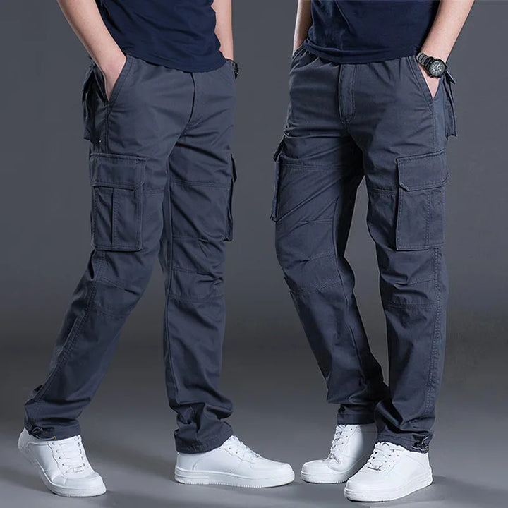 Cotton Multi Flap Pockets Men's Straight Leg Cargo Pants Loose Casual